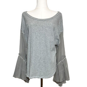 Free People Gray Mesh Bell Sleeve Scoopneck Long Sleeve Tee Size Medium Boho
